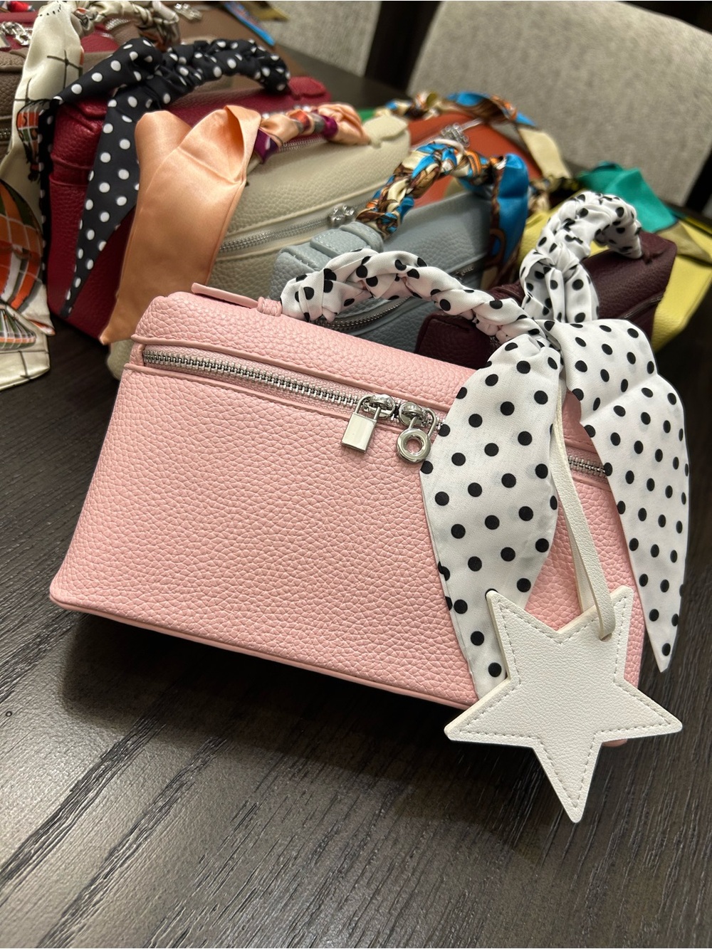 Pink Textured Leather Crossbody Bag with Polka Dot Scarf Tie